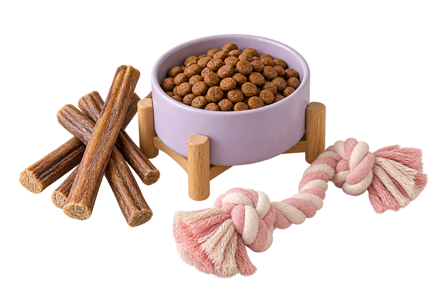 Illustrative arrangement of a dog bowl, natural chews and a rope toy